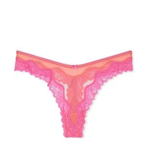 Victoria's Secret Tease Core Mesh High Leg Thong Orange And Pink Lace TrimXS NIP